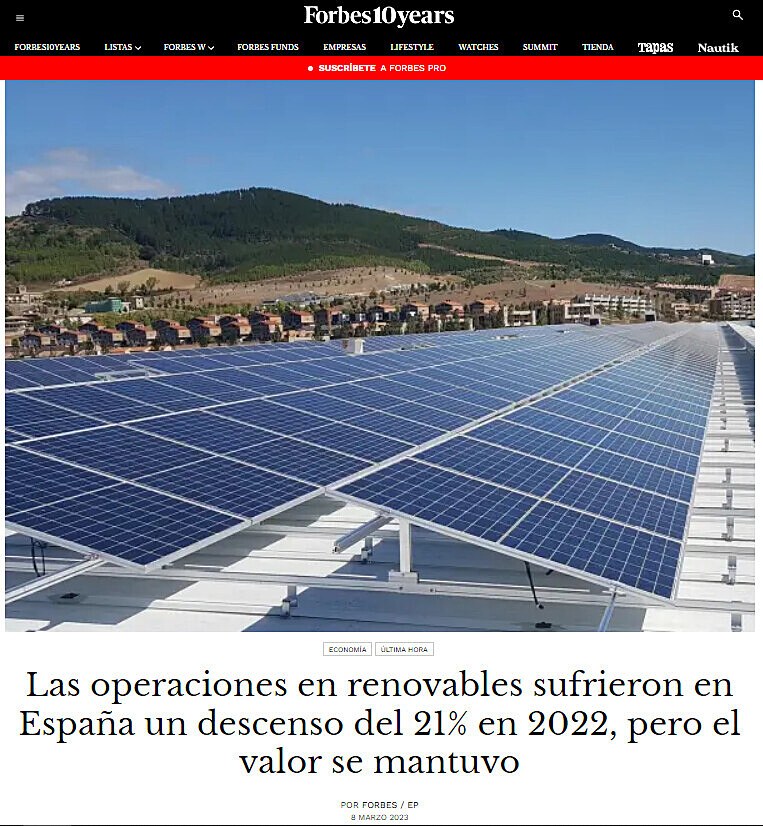 Las operaciones en renovables sufrieron en Espaa un descenso del 21% en 2022, pero el valor se mantuvo